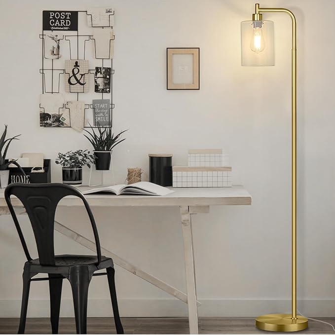 MAXvolador Industrial Floor Lamp, Modern Standing Lamps with Hanging Clear Glass Shade, Classic Reading Tall Pole Light for Living Room Bedroom, Gold - LeafyLoom