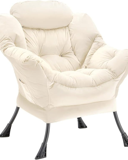 Lazy Chair Thick Padded, Accent Chair Velvet Upholstered with Wide Seat, Stable Metal Frame and Non-Slip Pad, Modern Sofa Armchair with Side Storage Bag for Dorm, Room, Office, Beige - LeafyLoom