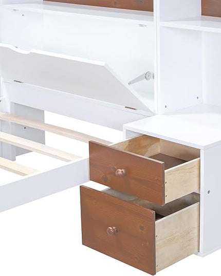 Merax Wood Bed Frame with Storage Headboard and Drawers, Twin Size Platform Bed with Nightstands, No Box Spring Needed White - LeafyLoom