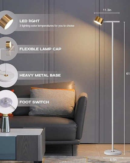 Floor Lamp for bedroom, 3 Color Temperatures Floor Reading Lamp with Flexible Lamp Cap, Modern Bedroom Floor Lamps for Living Room, Simple Design Standing Lamp for Office Working Study, White - LeafyLoom