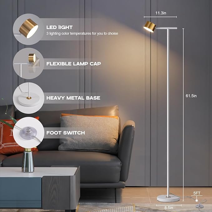 Floor Lamp for bedroom, 3 Color Temperatures Floor Reading Lamp with Flexible Lamp Cap, Modern Bedroom Floor Lamps for Living Room, Simple Design Standing Lamp for Office Working Study, White - LeafyLoom