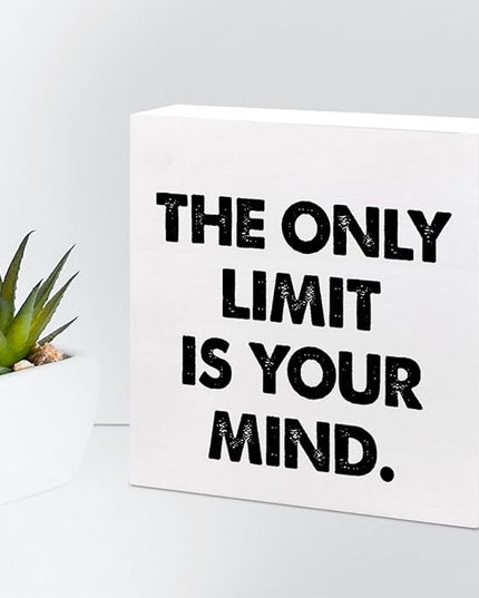 Positive Wood Box Sign Desk Decor,The Only Limit is Your Mind Wood Plaque Signs,Rustic Inspirational Wooden Block Sign Decor for Office Workplace Classroom Shelf Table Decoration C1079 - LeafyLoom