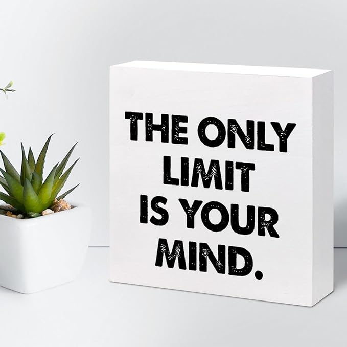 Positive Wood Box Sign Desk Decor,The Only Limit is Your Mind Wood Plaque Signs,Rustic Inspirational Wooden Block Sign Decor for Office Workplace Classroom Shelf Table Decoration C1079 - LeafyLoom