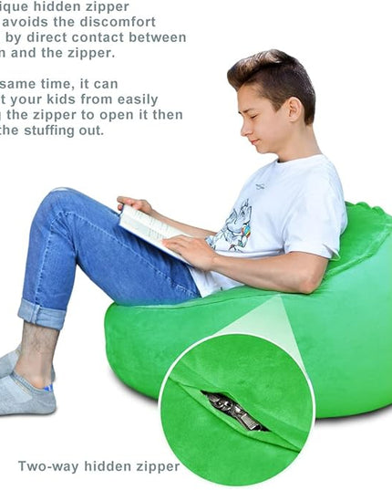 Bean Bag Chair Cover, Stuffed Animal Storage, Plush Toys Organizer Holder, Beanbag Chairs Cover for Kids Teans and Adults Super Soft and Comfortable Fabric X-Large with Handle and Zipper -Round Green - LeafyLoom