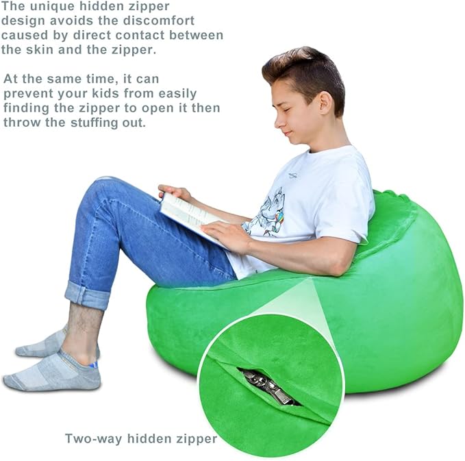 Bean Bag Chair Cover, Stuffed Animal Storage, Plush Toys Organizer Holder, Beanbag Chairs Cover for Kids Teans and Adults Super Soft and Comfortable Fabric X-Large with Handle and Zipper -Round Green - LeafyLoom