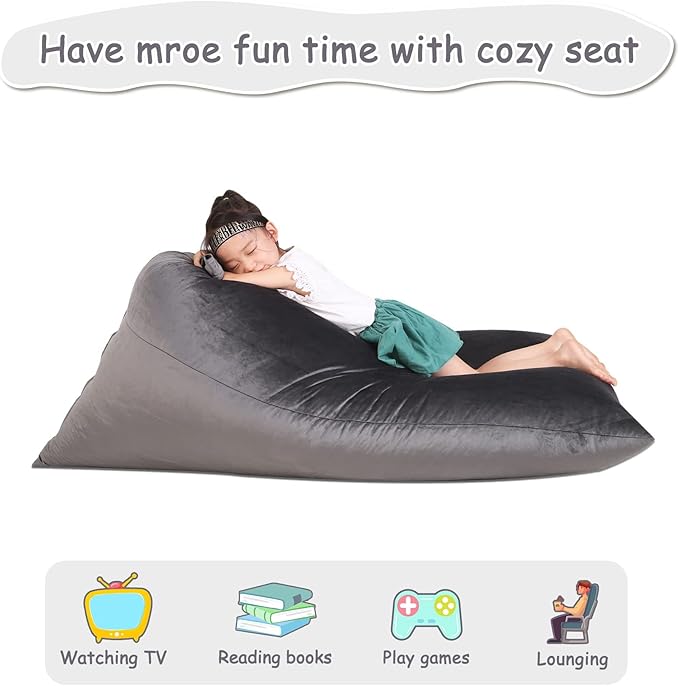 Stuffed Animal Storage Bean Bag Chair for Kids and Adults, Stuffed Animal Bean Bag Storage, Luxury Velvet Stuffie Seat - COVER ONLY(Dark Grey 200L/52 Gal) - LeafyLoom