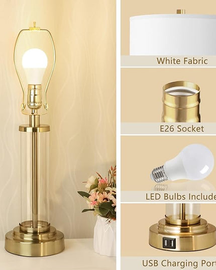 QiMH Lamps for Bedrooms Set of 2, Touch Control Table Lamps with Dual USB Ports, 3-Way Dimmable Bedside Lamp with Fabric Lampshade, Modern Nightstand Lamp for Living Room Bedroom (LED Bulbs Included) - LeafyLoom