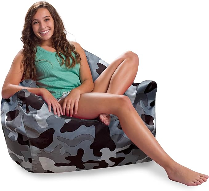 Posh Creations Structured Comfy Bean Bag Chair for Gaming, Reading and Watching TV, Malibu Lounge, Nylon - Camo Gray and White - LeafyLoom