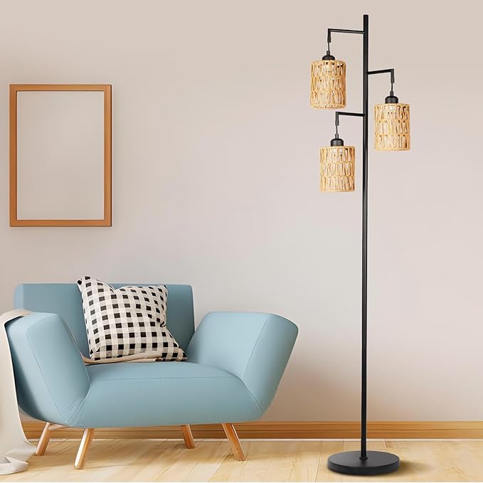 Farmhouse Floor Lamp, Industrial Style Tall Lamps, Boho Tree Standing Tall Lamp with Sturdy Modern Vintage Design for Living Room Bedroom Office Dining Room(Black) - LeafyLoom