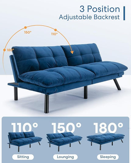 Velvet Convertible Futon Sofa Bed, 71" Comfy Loveseat Sleeper Sofa with Adjustable Backrest Armrest, Strengthen Wood, 7" Thick Padded Cushion, Small 2 Seater Couch for Living Room, Bedroom - LeafyLoom