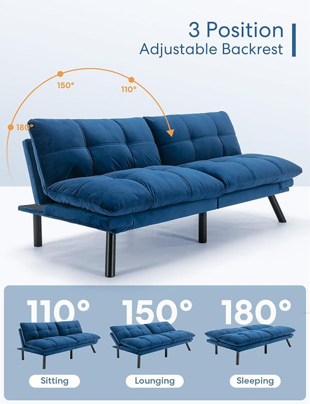Velvet Convertible Futon Sofa Bed, 71" Comfy Loveseat Sleeper Sofa with Adjustable Backrest Armrest, Strengthen Wood, 7" Thick Padded Cushion, Small 2 Seater Couch for Living Room, Bedroom - LeafyLoom