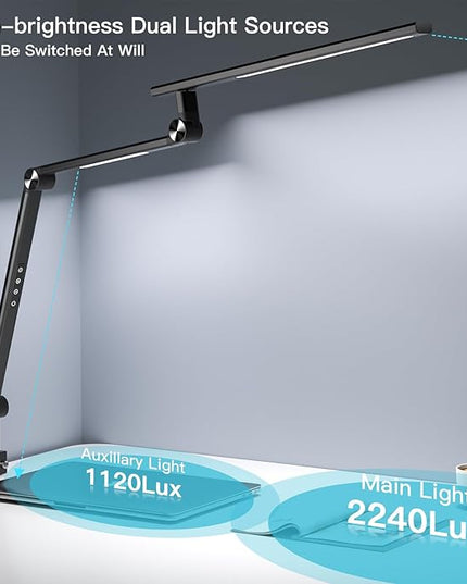 LED Desk Lamp, Desk Light for Home Office, Dual Light Source 18W Brightest, Eye-Caring Optical Lens, Office Lamp, 5 Color Modes & Brightness, Aluminum Alloy Drafting Light, Clamp Lamp, Black - LeafyLoom