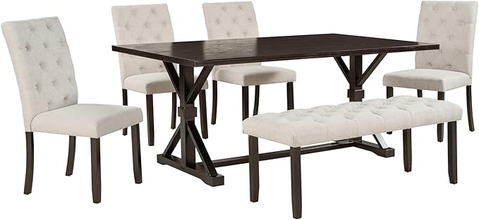 6-Piece Farmhouse Rectangular 72" Wood Dining Table Set with 4 Upholstered Chairs and a Bench, Easy to Assemble, for Kitchen, Home Bar & Living Room, Espresso+Beige-1 - LeafyLoom