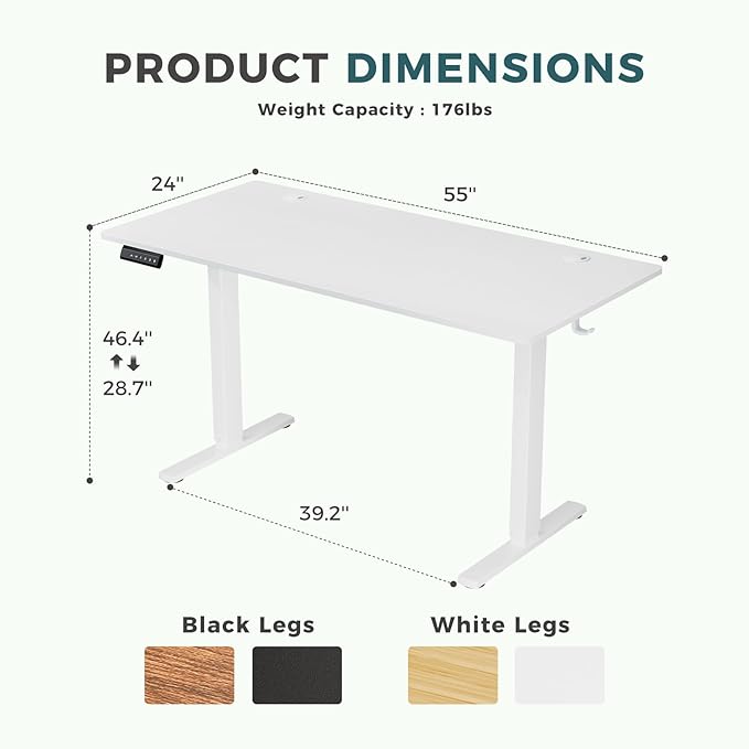 SMUG Standing Desk, 55x24 Inch Ergonomic Adjustable Height Electric Sit Stand Up Down Computer Table with Whole-Piece Desktop Board, Computer Workstation for Home Office, White(2 Packages) - LeafyLoom