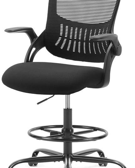 Sweetcrispy Home Office Drafting Desk Chair - Ergonomic High Stool Computer with Adjustable Height and Comfy Lumbar Support, Tall Rolling Task for Standing Desk with Flip-up Arm and Footrest, Black - LeafyLoom
