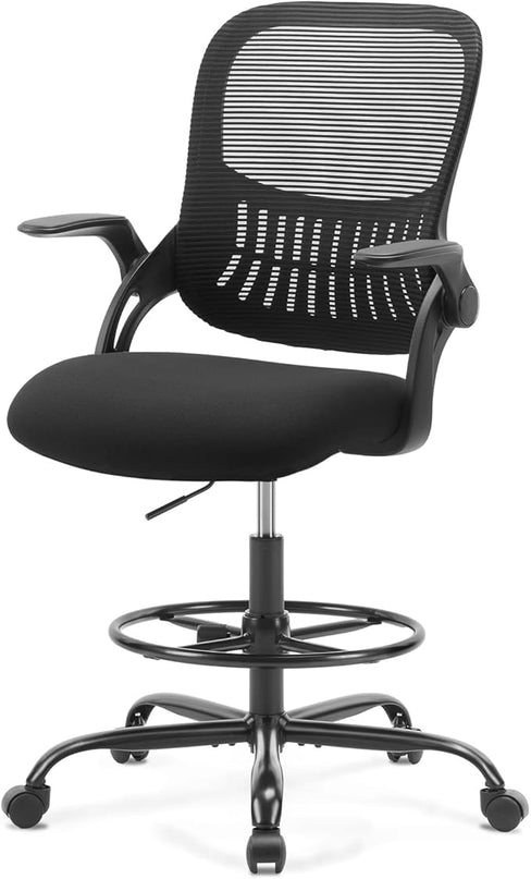 Sweetcrispy Home Office Drafting Desk Chair - Ergonomic High Stool Computer with Adjustable Height and Comfy Lumbar Support, Tall Rolling Task for Standing Desk with Flip-up Arm and Footrest, Black - LeafyLoom
