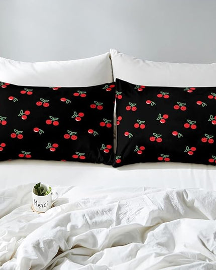 Erosebridal Red Cherry Comforter Set for Kids, Fruit Kawaii Bedding Set Twin, Cute Cherry Cartoon Down Comforter for Boys Girls Women Bedroom Decor, Reversible Luxury Soft Quilted Comforter, Black - LeafyLoom