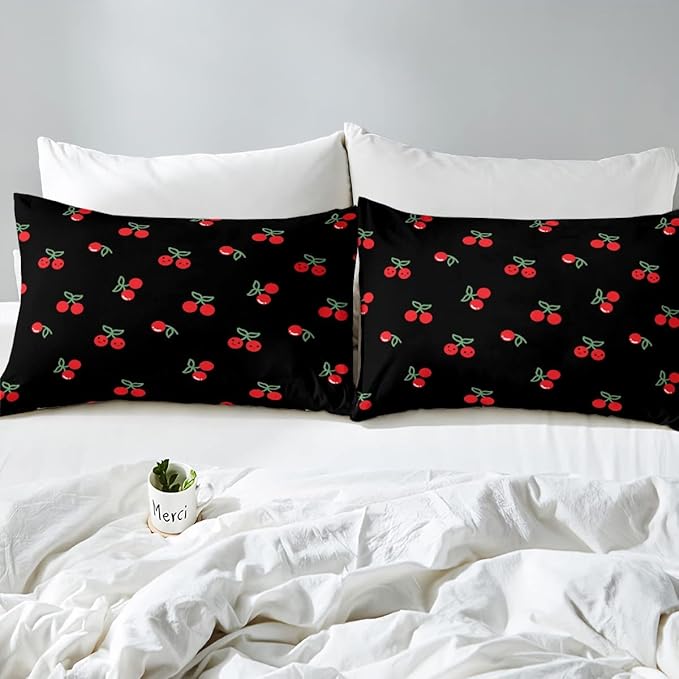 Erosebridal Red Cherry Bedding Set for Kids, Fruit Kawaii Comforter Set Full, Cute Cherry Cartoon Quilted Duvet for Boys Girls Women Bedroom Decor, Reversible Luxury Cherry Quilted Comforter, Black - LeafyLoom