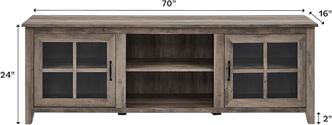 Walker Edison Portsmouth Classic 2 Glass Door Stand for TVs up to 80 Inches, 70 Inch, Dark Walnut - LeafyLoom