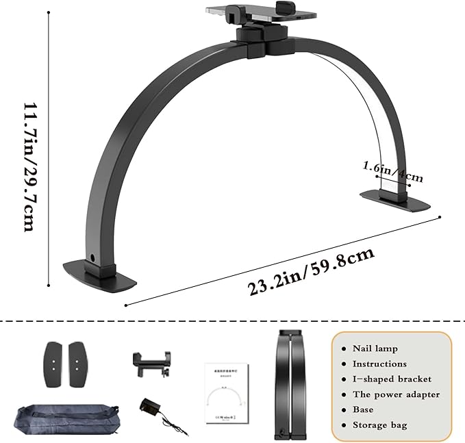 Half Moon Light for Nail Desk Foldable 3000-6500k Lash Light Nail Tech Lamp for Desk with Phone Holder for lash Extension Led Light for Nails tech Stepless Dimming (Black, 23in) - LeafyLoom