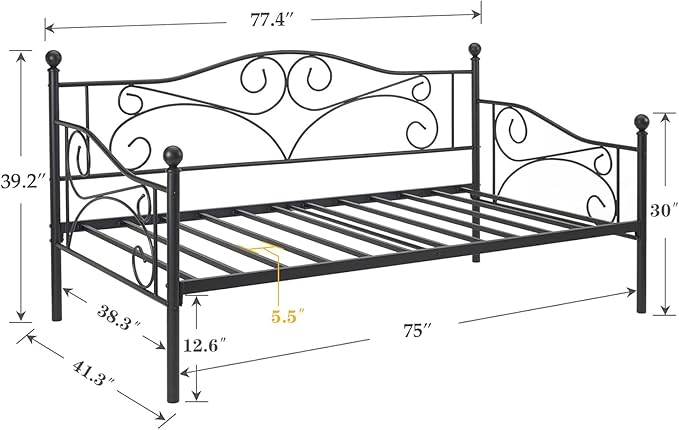 VECELO Daybed Frame Twin Size，Metal Steel Slat Support/Strong Legs with Headboard for Bedroom Living/Guest Room, Easy Assembly, Black - LeafyLoom