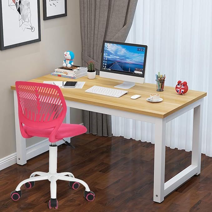 FurnitureR Teens Girls Task Chair 360 Swivel, Low Mid PP Mesh Back Fabric Seat, Height Adjustable, Rolling Castor, W15.7inces x D15.2inces x H29.5-34.2inches (Pink) - LeafyLoom