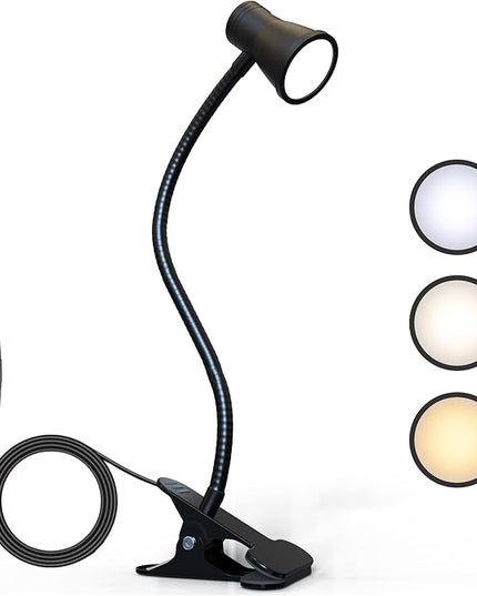 Clip on lamp for Bed Headboard with Clamp for Reading, Small Clip on Light for Desk or Bedside, Flexible Gooseneck Small Clamp Light has 3 Color Modes 10 Brightness.(Black) - LeafyLoom
