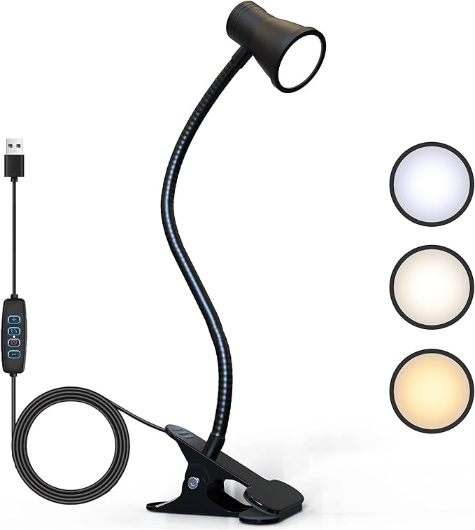 Clip on lamp for Bed Headboard with Clamp for Reading, Small Clip on Light for Desk or Bedside, Flexible Gooseneck Small Clamp Light has 3 Color Modes 10 Brightness.(Black) - LeafyLoom