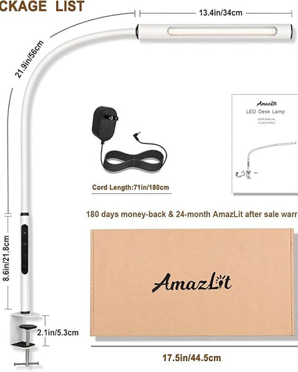 Eye-Caring Desk Lamp, Gooseneck Lamp with Clamp, Swing Arm Desk Light, Adjustable Brightness & Color Temperatures, Memory & Timer Function, Clip on Desk Lamp for Home Office, 12W, White - LeafyLoom