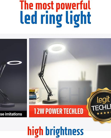 Magnifying Glass with Light and Stand, Desk Ring Light, 3 Color Modes Stepless Dimmable, Desk Lamp, Clamp Light, Office Desk Lamp for Close Work, Repair, Reading, 12w, Adjustable Desk Lamp - LeafyLoom