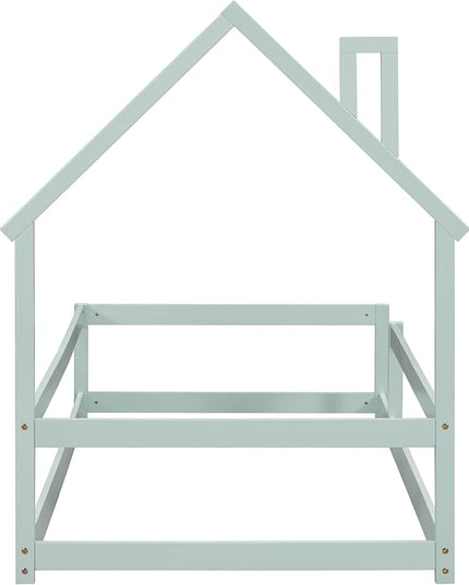 Bellemave Twin Size House-Shaped Headboard Floor Bed with Fences, Wooden Montessori Bed for Kids,House Bed Twin Frame for Girls,Boys (Light Green) - LeafyLoom