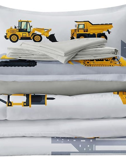 4-Pcs Construction Twin Size Boys Bedding Set, Kids Comforter Set for Teens with Sheets and Pillowcase, Soft Grey Tractor Cars Bed in a Bag Sets - LeafyLoom