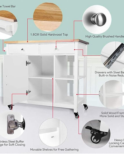 ChooChoo Kitchen Cart on Wheels with Wood Top, Utility Wood Kitchen Islands with Storage and Drawers, Easy Assembly - White - LeafyLoom