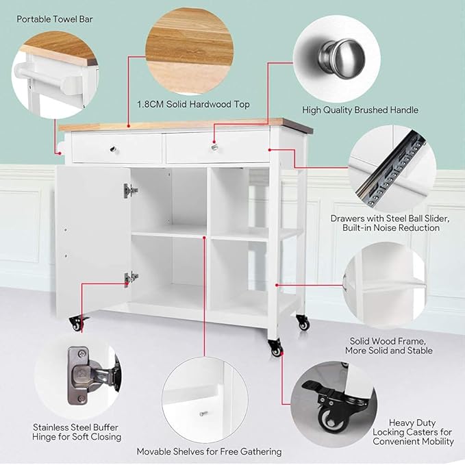 ChooChoo Kitchen Cart on Wheels with Wood Top, Utility Wood Kitchen Islands with Storage and Drawers, Easy Assembly - White - LeafyLoom