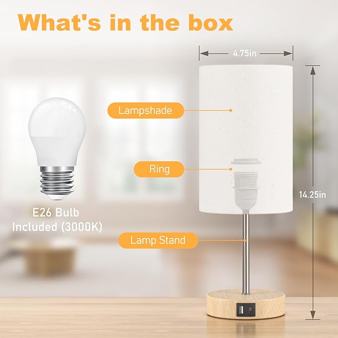 AKASUKI Table Lamp for Bedroom, 3 Way Dimmable Touch Lamp with Dual Charging Station, Small Bedside Lamps for Night Stands, Living Room, Office(LED Bulb Included) - LeafyLoom