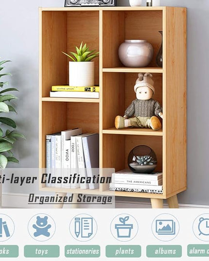 IOTXY Wooden Open Shelf Bookcase - 3-Tier Floor Standing Display Cabinet Rack with Legs, 5 Cubes Bookshelf, Pear Yellow - LeafyLoom