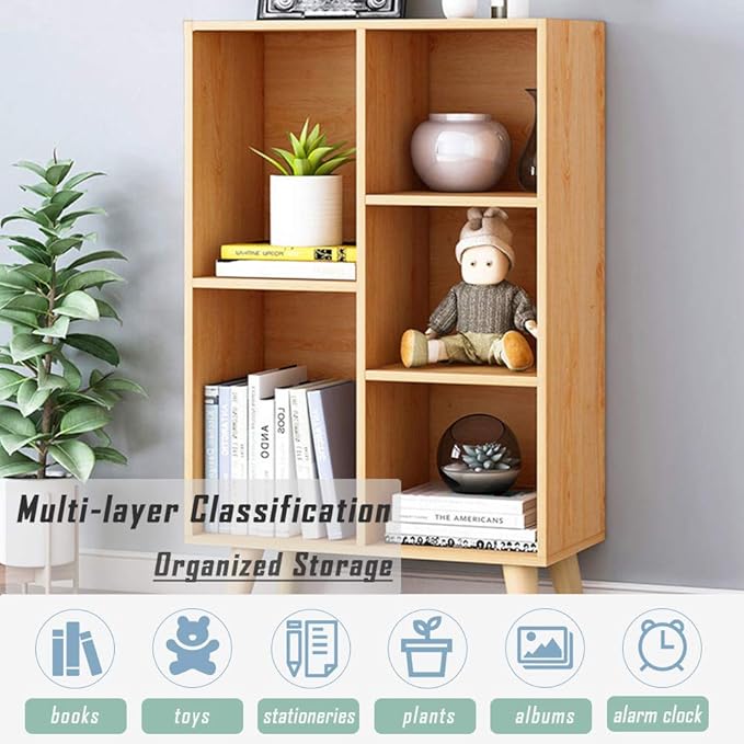 IOTXY Wooden Open Shelf Bookcase - 3-Tier Floor Standing Display Cabinet Rack with Legs, 5 Cubes Bookshelf, Pear Yellow - LeafyLoom