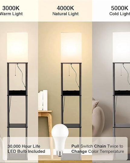 2 Packs Floor Lamp w. Shelves Including 2AC Outlets & 2USB Ports 9W LED Light Bulb 3 Color Temperature Soft/Cool/Daylight White w. 2PCS Acrylic Photo Frame for Living Room/Bedroom - LeafyLoom