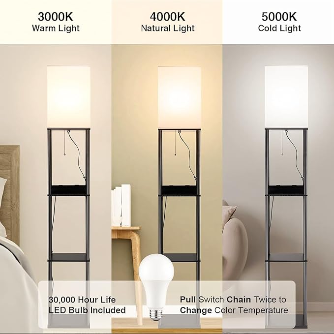 2 Packs Floor Lamp w. Shelves Including 2AC Outlets & 2USB Ports 9W LED Light Bulb 3 Color Temperature Soft/Cool/Daylight White w. 2PCS Acrylic Photo Frame for Living Room/Bedroom - LeafyLoom