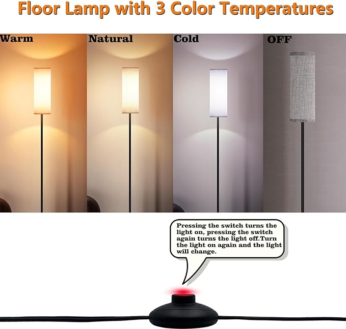 LED Floor Lamp Simple Design, Modern Floor Lamp with Shade, Tall Lamps for Living Room Bedroom Office Dining Room Kitchen, Black Pole Lamp with Foot Switch (with Bulb)(Gray Shade) - LeafyLoom
