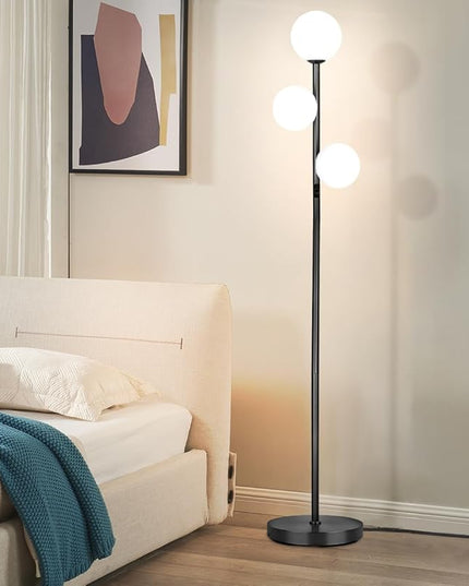 3 Globe Mid Century Modern Floor Lamp for Living Room Decor, Tall Standing Dimmable LED Light for Bedroom Office, Full Range Dimming, Adjustable Color Temperature 3000K-6000K, ETL Listed - Matte Black - LeafyLoom