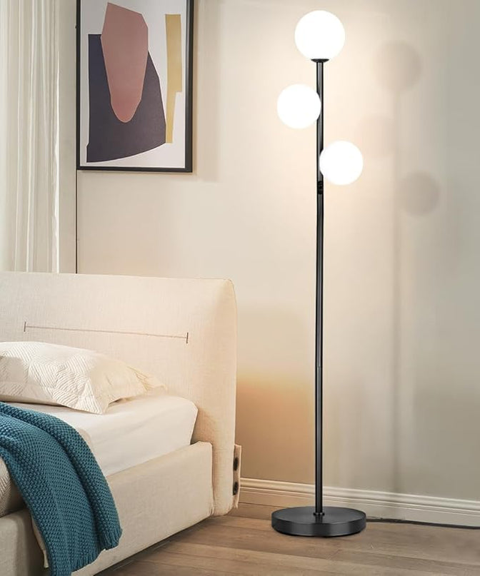 3 Globe Mid Century Modern Floor Lamp for Living Room Decor, Tall Standing Dimmable LED Light for Bedroom Office, Full Range Dimming, Adjustable Color Temperature 3000K-6000K, ETL Listed - Matte Black - LeafyLoom