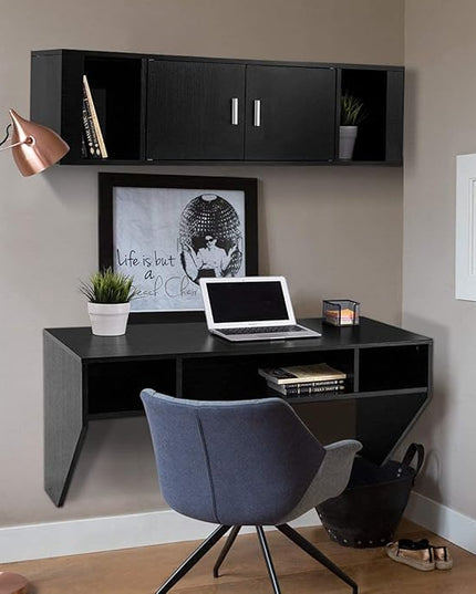 Computer Floating, Home Office Working, 42.5” Laptop Table Writing w/Storage Shelves, Modern Console Media Cabinet Wall Mounted Desk Hutch, Black - LeafyLoom