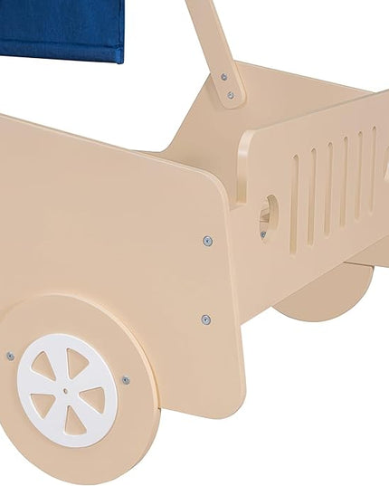 Twin Size Race Jeep Car Bed Platform Bed with Tent Canopy and Wheels,Wood Bed Frame W/Raised Bed Design,for Kids Boys Girls Teens,White+Natural - LeafyLoom