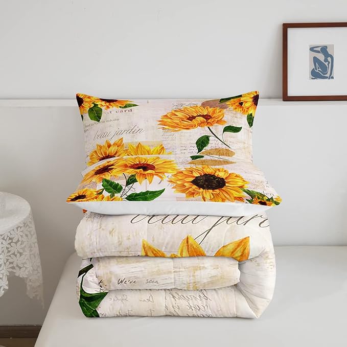 Erosebridal Women Retro Floral Bedding King Size Yellow Sunflowers Comforter Set for Girls Female Rustic 3D Flowers Duvet Insert Ultra Soft Lightweight Quilted Comforter with 2 Pillowcases - LeafyLoom