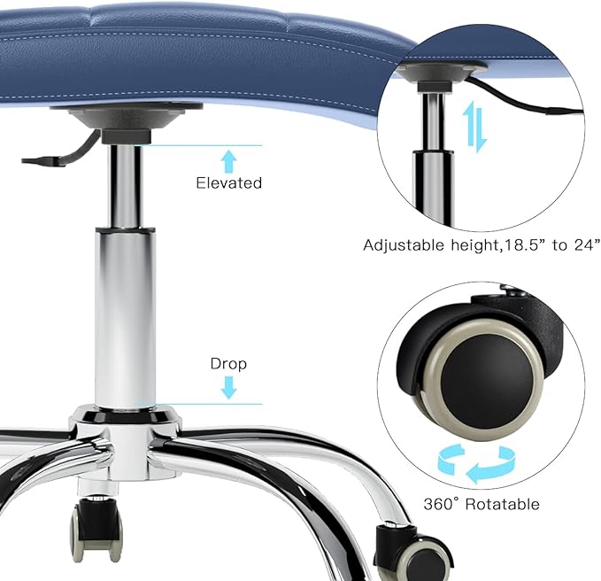 360° Office Desk Chair,PU Adjustable Rolling Task Chair with Backrest for Barber,Office,Home, Computer,360° Swivel,Armless (blue) - LeafyLoom