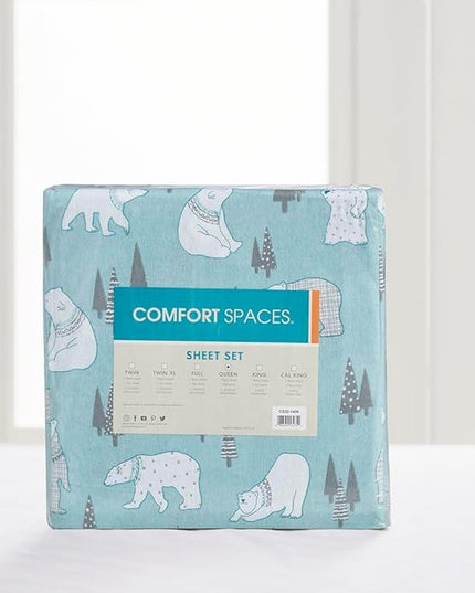 Comfort Spaces Novalty Cotton Flannel Breathable Warm Deep Pocket Sheets With Pillow Case Bedding, Full, Blue Polar Bears 4 Piece - LeafyLoom