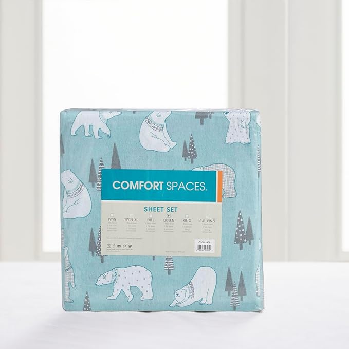 Comfort Spaces Novalty Cotton Flannel Breathable Warm Deep Pocket Sheets With Pillow Case Bedding, Full, Blue Polar Bears 4 Piece - LeafyLoom