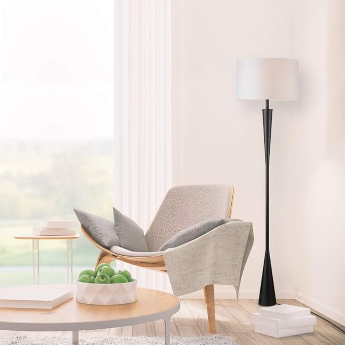 Globe Electric x Novogratz 67224 Temple 70" Floor Lamp, Matte Black, White Fabric Shade, Socket Rotary Switch - LeafyLoom