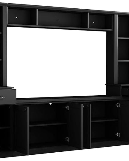 Entertainment Wall Unit with Bridge, Stand Media Console Table for TVs Up to 75" with Adjustable Shelves, Ample Storage Space for Living Room, 103 Inch, Black - LeafyLoom